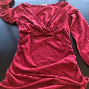 Velvet Red Plunging V-neck Long-sleeve Top with front and side ruching.